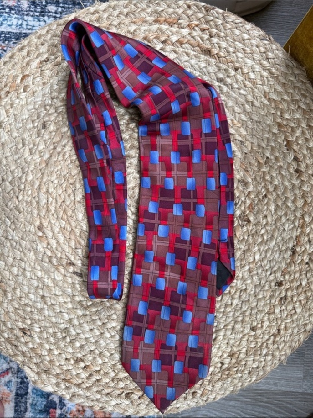 J. Garcia Red brown and Blue Geometric Silk Tie